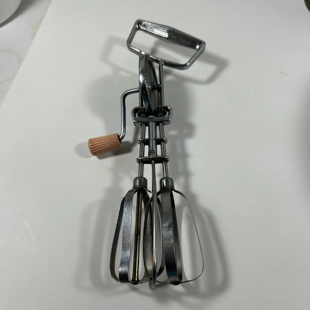Vintage Stainless Steel Hand Turn Double Beaters Mixer